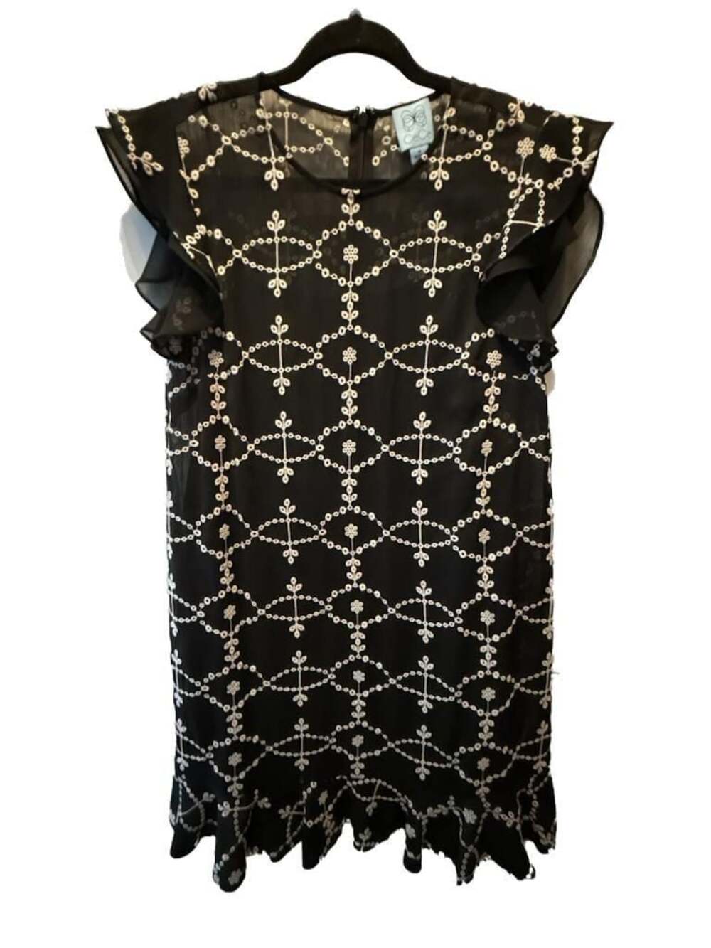 CeCe Women's Black and White Embroidered Shift Dress with Ruffle Sleeves and Hem